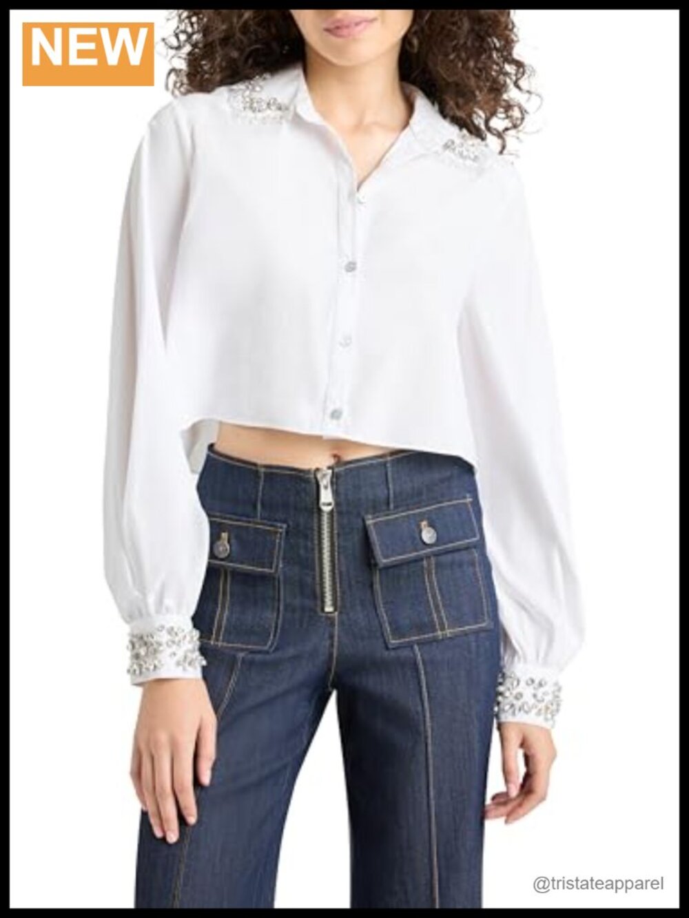 Crystal Embellished Poplin Cropped Blouse Long Sleeve Button Cuff